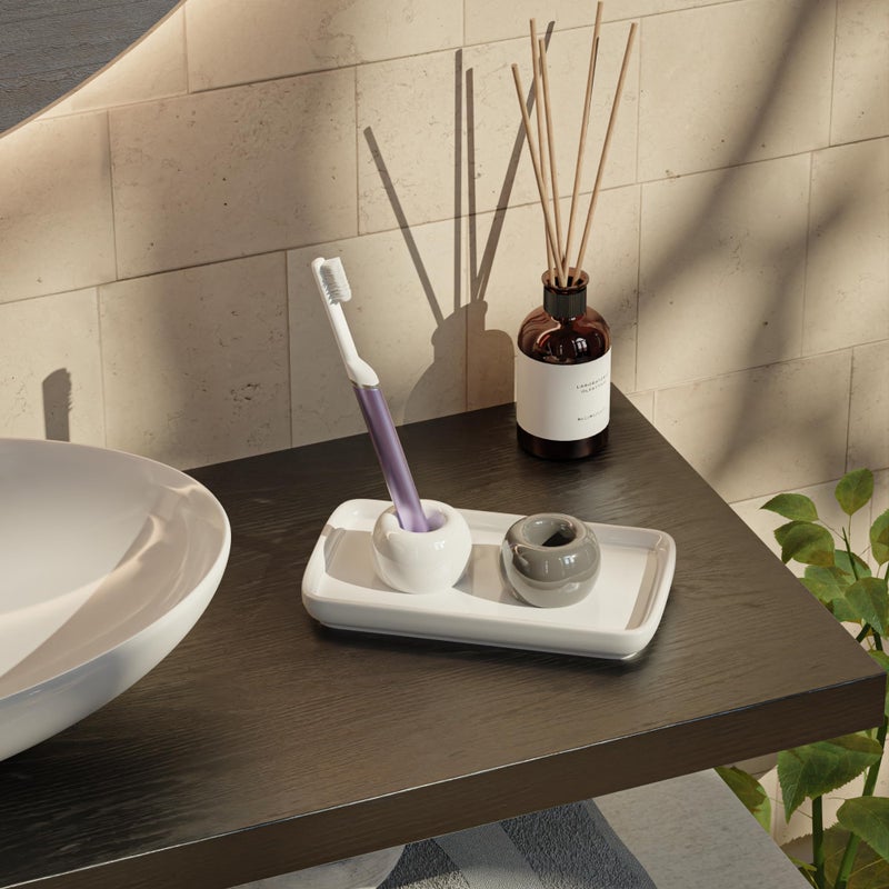 ELIKAI Ceramic Toothbrush Holder with Tray for Bathroom Countertop  Small Toothbrush Holder Stand with Toothpaste Holder  Standing Toothbrush Holder & Single Bathroom Toothbrush Organizer (Grey & White) - Image 2